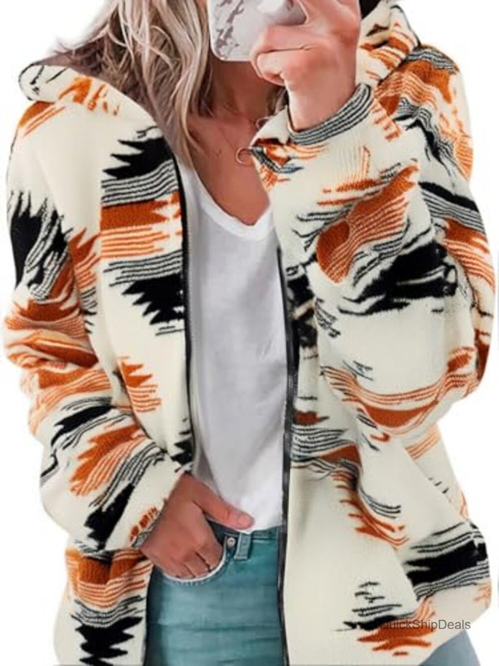 Womens Western Aztec Print Zip Up Fleece Hoodie Sherpa Sweatshirt